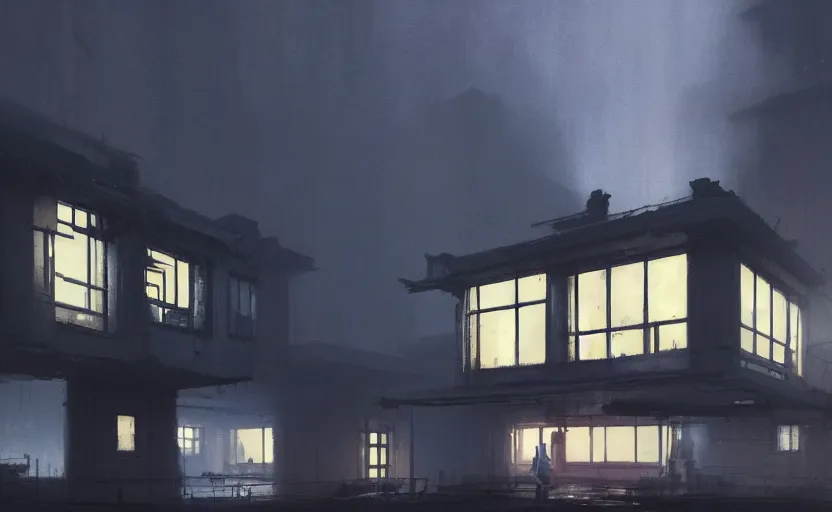 Prompt: An Exterior wide angle shot painting of a cyberpunk architecture House with warmly lit windows and neon lights by Peter zumthor and James Turrell, Greg Rutkowski and Craig Mullins , Dark atmospheric sad and cinematic lighting, Trending on artstation, Archviz, Archdaily, Deezen, Design milk, Architectural visualisation