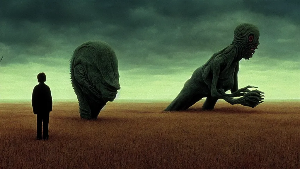 Image similar to the strange creature looks at the sky film still from the movie directed by denis villeneuve and david cronenberg with art direction by salvador dali and zdzisław beksinski, wide lens