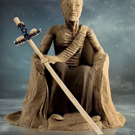 Prompt: a mummy holding a scepte, sit on an ice throne ultrarealistic