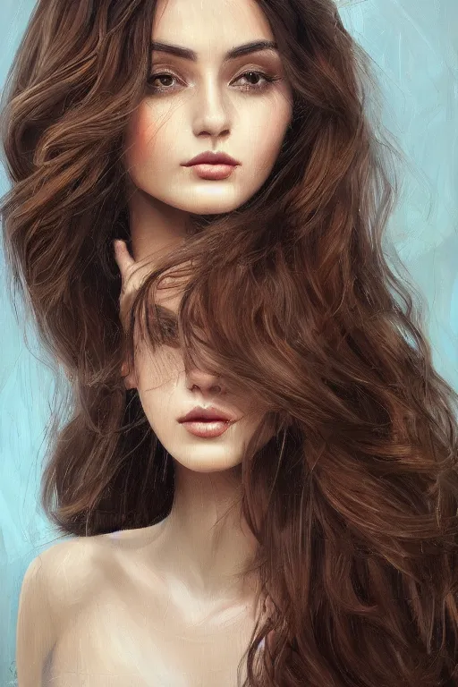 Image similar to beautiful portrait face centre oil on canvas of brunette with wavy hair Ebru Şahin, Reyyan, intricate, elegant, highly detailed, artstation, concept art, sharp focus, art by Alina Ivanchenko, Rob Ross, WLUP, artgerm