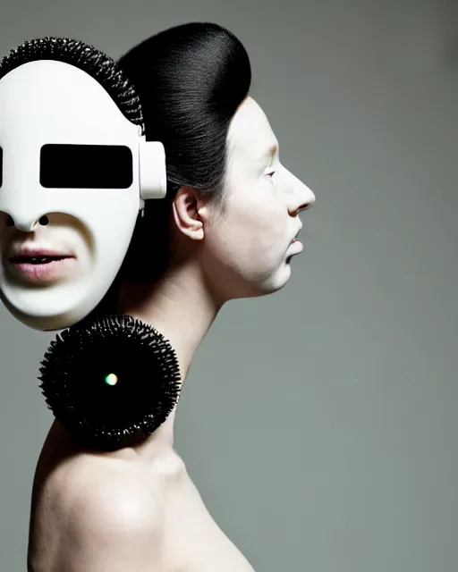 Image similar to portrait of a woman wearing a white embroidered translucent silicone mask and white green frizzy hair buns, wearing a black bodysuit by alexander mcqueen, cream white background, soft diffused light, biotechnology, humanoide robot, bjork aesthetic, translucent, by rineke dijkstra, intricate details, highly detailed, masterpiece,