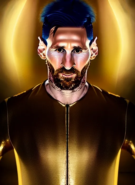 Image similar to a gorgeous lionel messi photo, professionally retouched, soft lighting, wearing shiny gold catsuit, illuminated by floating, glowing alien symbols, realistic, smooth face, perfect eyes, wide angle, sharp focus on eyes, 8 k high definition, insanely detailed, intricate, elegant, art by artgerm and wlop