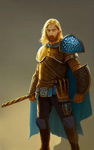 Image similar to highly detailed concept art by Greg Rutkowski of a rugged young knight with blonde hair and blue eyes and a short beard wearing a blue shirt and a yellow cape and leather boots holding a shield and a warpick, concept art, realistic, masterpiece, ArtStation
