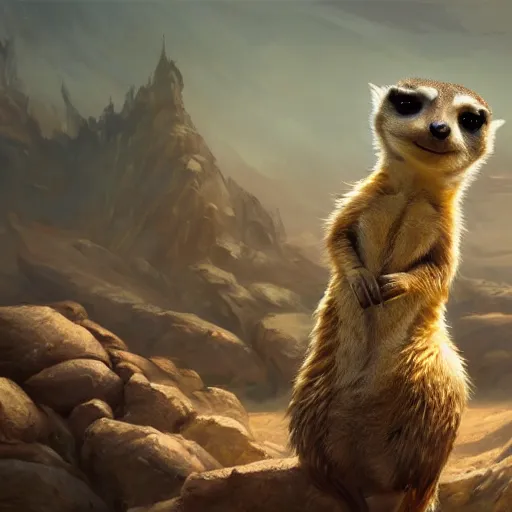 Image similar to Meercat, Anthropomorphized, casting epic spell, magic the gathering artwork, D&D, fantasy, cinematic lighting, centered, symmetrical, highly detailed, digital painting, artstation, concept art, smooth, sharp focus, illustration, volumetric lighting, epic Composition, 8k, art by Akihiko Yoshida and Greg Rutkowski and Craig Mullins, heroic pose, oil painting, cgsociety, magic lab background