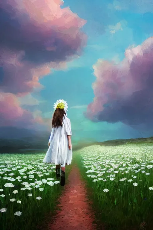 Prompt: giant white daisy flowers as face veil, girl walking in a flower field, surreal photography, sunrise, dramatic light, impressionist painting, colorful clouds, digital painting, artstation, simon stalenhag