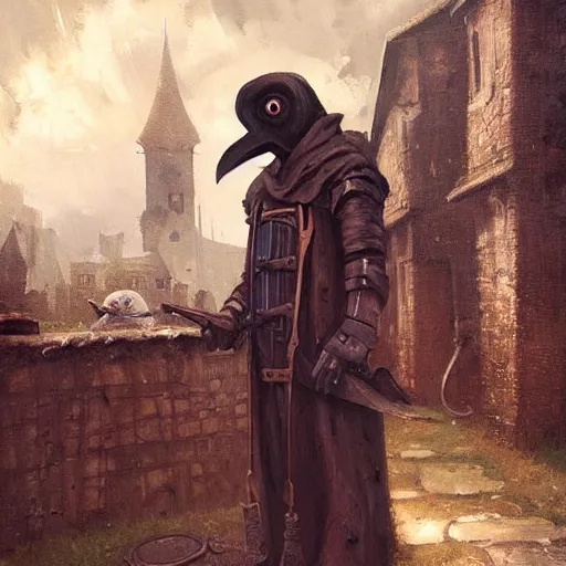 Prompt: steampunk plague doctor in medieval village, oil painting, by Greg Rutkowski