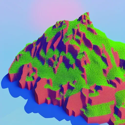 Prompt: “ aerial view of a mountain, fog on the ground, voxel, vibrant colors ”