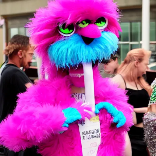 Image similar to hot pink feather boa muppet at furry convention, with furries in the background