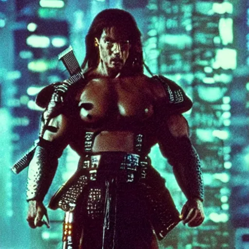 Image similar to schwarzenegger as cyberpunk samurai, 1 9 8 0 s movie still frame, art by ridley scott