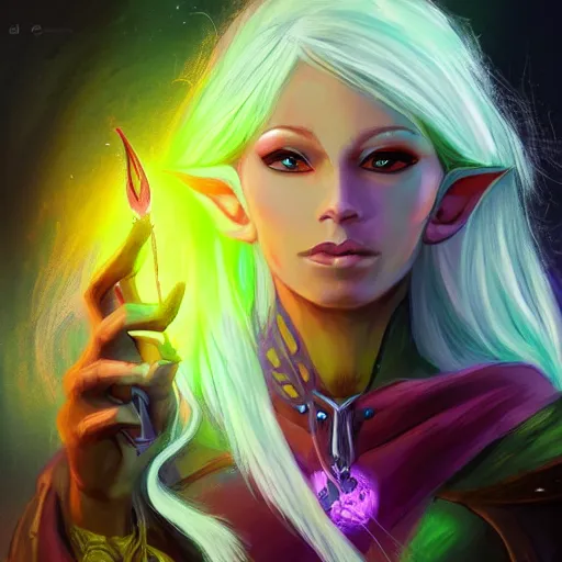 Image similar to a drow elf wizard, holding purple and green fire, female, auburn and blonde two toned hair, fantasy, d & d, intricate, elegant, highly detailed, digital painting, artstation, concept art, matte, sharp focus, illustration, in the style of magic the gathering