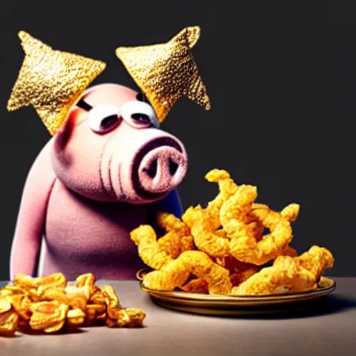 Image similar to studio photograph of a pig wearing a gold crown depicted as a muppet eating pork rinds surrounded by pickles
