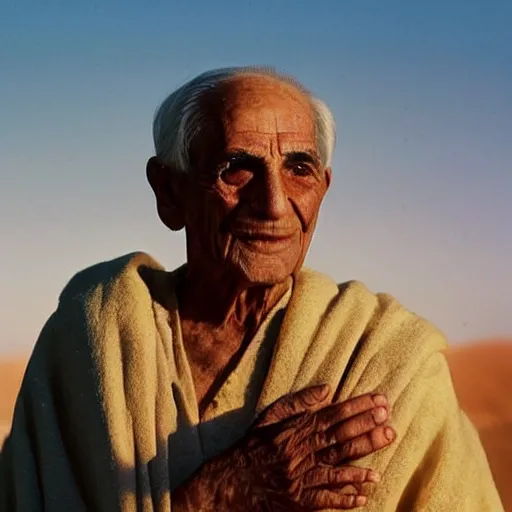 Image similar to award winning cinematic still portrait of 85 year old Mediterranean skinned man, short hair, in ancient Canaanite clothing crying holding a 22 year old Mediterranean skinned man, short hair, in ancient Canaanite clothing. Just before sunrise. Desert mountain background. sad, depressed, lonely, Biblical epic directed by Christopher Nolan