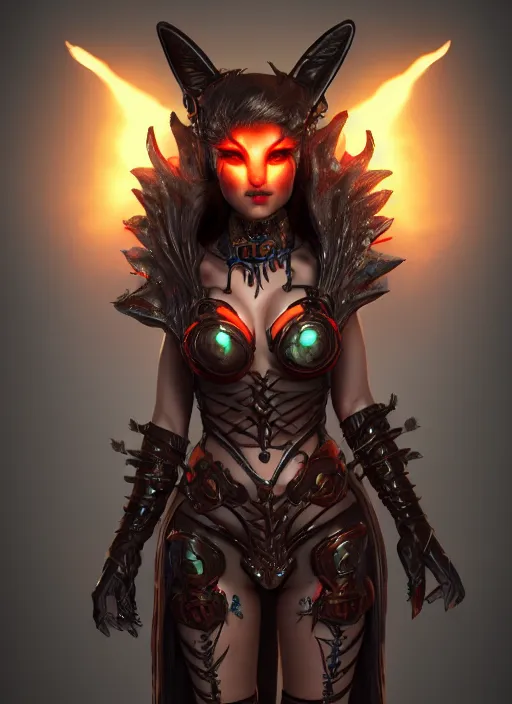 Image similar to imp demon goddess, cute fox ears, leather armor, character portrait in the style of thomas river and artgerm, cinematic lighting, hyperdetailed, 8 k realistic, symmetrical, global illumination, radiant light, frostbite 3 engine, cryengine, trending on artstation, digital art, chanel