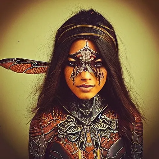 Image similar to “ brown woman wearing a dragonfly armor. intricate. super detailed. award winning. ”