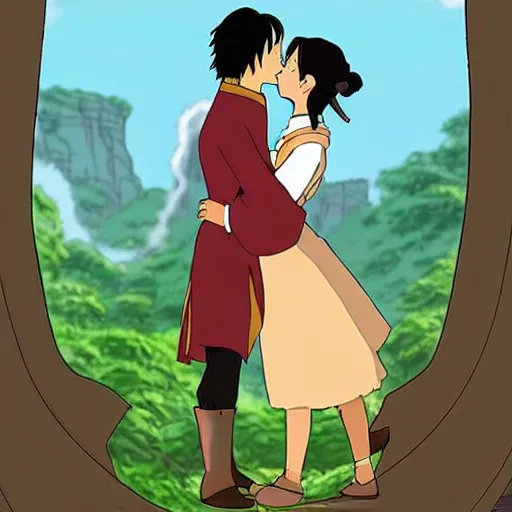 Image similar to Prince Zuko and Katara kissing at sunset in the style of Studio Ghibli