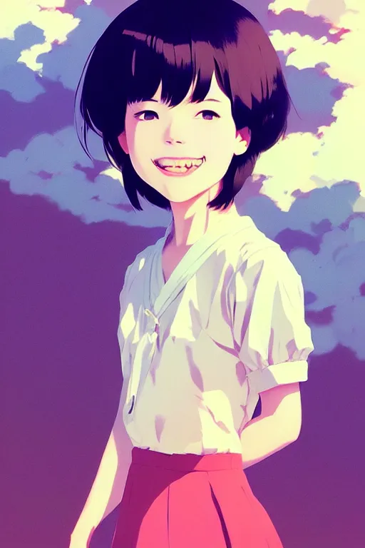 Image similar to portrait of a smiling girl by ilya kuvshinov, cloudy sky background lush landscape ln illustration concept art anime key visual trending pixiv by victo ngai fanbox by greg rutkowski makoto shinkai takashi takeuchi studio ghibli