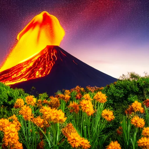 Image similar to photo of a volcano in eruption with a lot of flowers and stars, highly detailled, 4 k