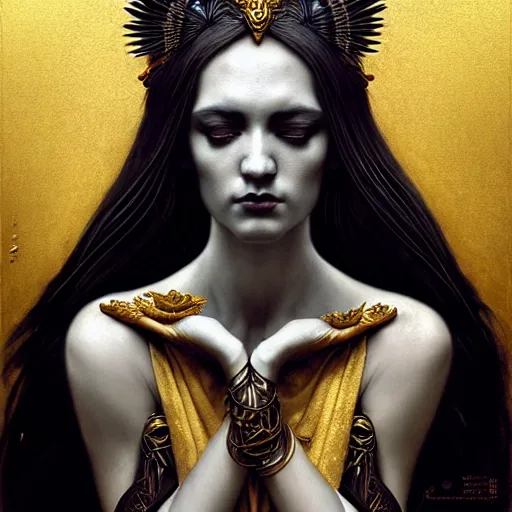 Image similar to goddess of crows, unusual beauty, emotionally evoking symbolic metaphors, head in focus, fantasy, ornamental, intricate, elegant, sensual, highly detailed digital painting, artstation, concept art, painterly, golden ratio, sharp focus, illustration, art by John Collier and Krenz Cushart and Artem Demura and and Greg Rutkowski and Alphonse Mucha and Albert Aublet