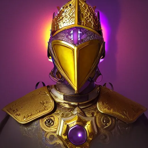 Image similar to a highly detailed knight with glowing purple eyes in a T golden helmet and a golden crown with a blue diamond in the center, golden armor, leather clothes under the armor, leather gloves, holds a black sword, artstation, DeviantArt, professional, octane render, sunset lighting