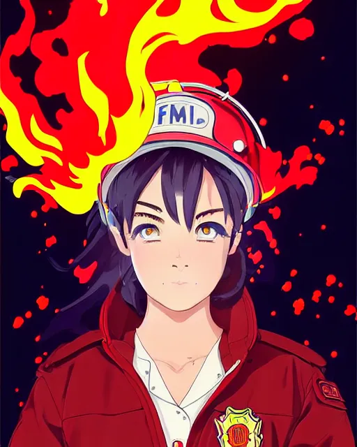 Prompt: fireman, cool pose, fire jacket, helmet, covered in beautiful flames!!! | | very very anime!!!, beautiful fine - face, audrey plaza, realistic shaded perfect face, fine details. anime. realistic shaded lighting poster by ilya kuvshinov katsuhiro otomo ghost - in - the - shell, magali villeneuve, artgerm