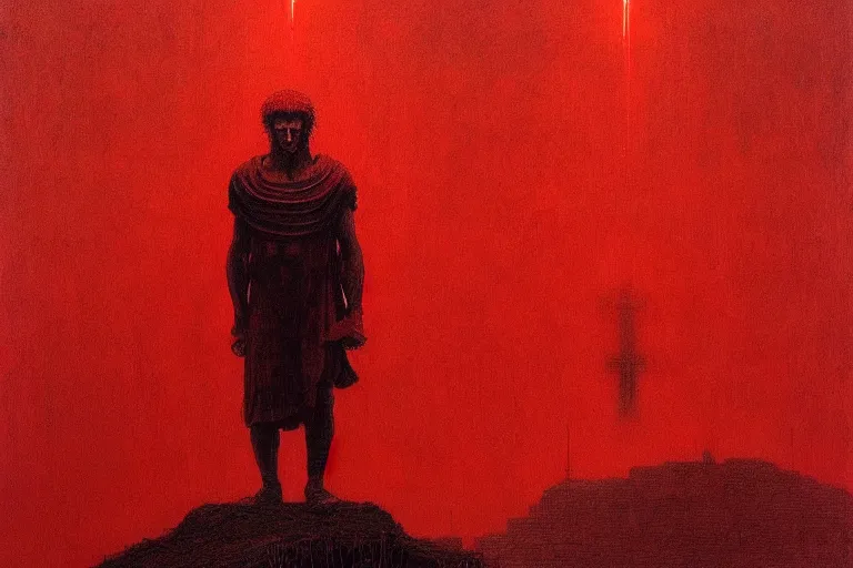 Image similar to only with red, caesar after war, a red tiger, in hoc signo vinces, rome in background, an ancient path, in the style of beksinski, part by hopper, part by rodcenko, part by hofbauer, intricate composition, red by caravaggio, insanely quality, highly detailed, masterpiece, red light, artstation