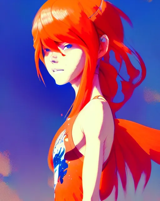 Prompt: a ultradetailed painting of a asuka langley, she is wearing a tank top by conrad roset, greg rutkowski and makoto shinkai trending on artstation