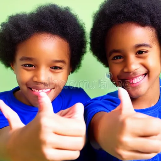 Image similar to twins making a thumbs up and smiling, photorealistic, stock photo