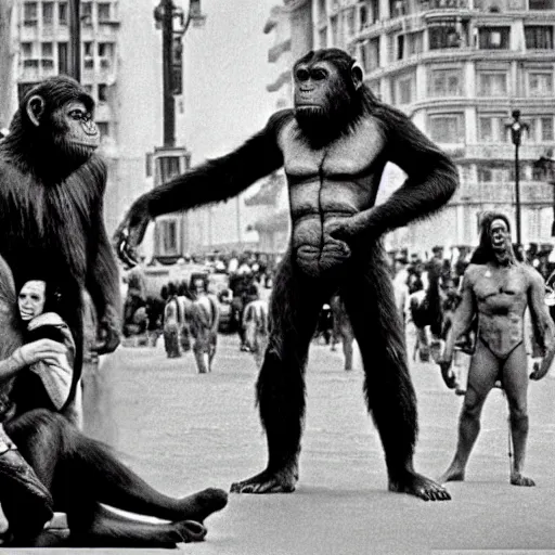 Image similar to still of planet of the apes 1 9 6 8, in cibeles, madrid city