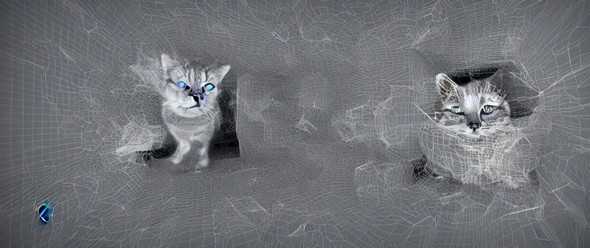 Image similar to 3 d render of schrodinger's cat in a box being dead and alive at the same time, 3 d render with small elements of glitch art, paradox, quantum superposition, waves and particles, wave function, scifi style, concept art, high detail, particles disintegration, artsation 4 k