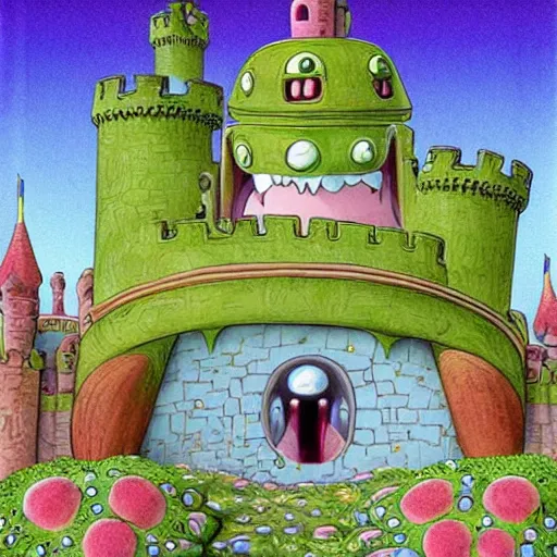 Image similar to anthropomorphic fantasy castle, a castle laughing, organic, bubbly towers and gates, eyes and tongue, surreal, cute artwork by studio ghibli, jim woodring