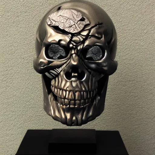 Image similar to very detailed and sophisticated terminator head with an open skull and a forest growing inside