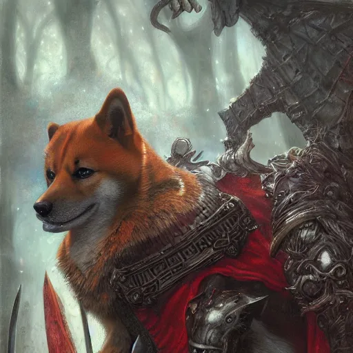 Prompt: anthropomorphic shiba inu, wearing berserk armor, dark glowing red aura, fantasy, dark graveyard scene, portrait art by donato giancola and greg rutkowski, realistic face, digital art, trending on artstation, symmetry