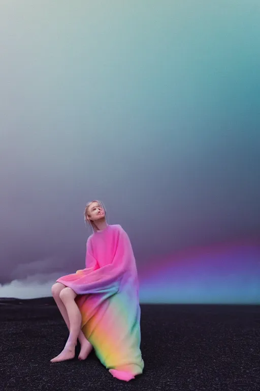 Image similar to high quality pastel coloured film photograph of a model wearing clothing resting on cloud furniture in a icelandic black rock environment in a partially haze filled dreamstate world. three point light, rainbow. photographic production. art directed. pastel colours. volumetric clouds. pastel gradient overlay. waves glitch artefacts. 8 k. filmic.