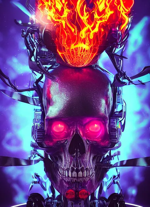 Image similar to a futuristic skull with glowing eyes and a flame fire background, cyberpunk art by android jones, behance contest winner, computer art, darksynth, synthwave, rendered in cinema 4 d