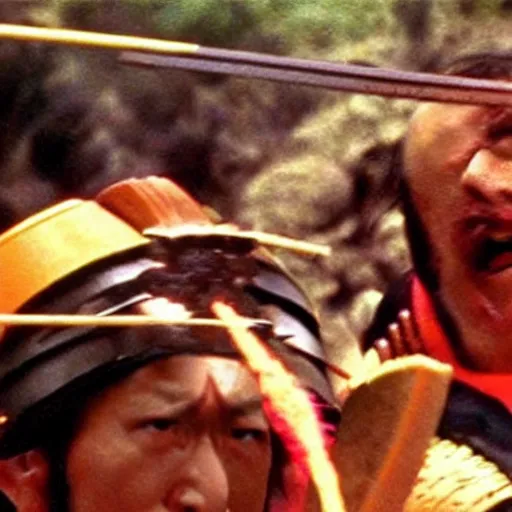 Image similar to a samurai fighting with delicious hot dogs as weapons, scene from Kagemusha, 1980, movie still, cinematic, epic,