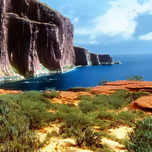 Image similar to film still of a lush natural scene on an alien planet by james cameron. beautiful landscape. weird vegetation. cliffs and water.