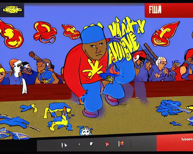 Image similar to screenshot of a crips gang member in the two dimensional cartoon web browser game age of war ( 2 0 0 7 ), adobe flash player, games by louissi, high quality