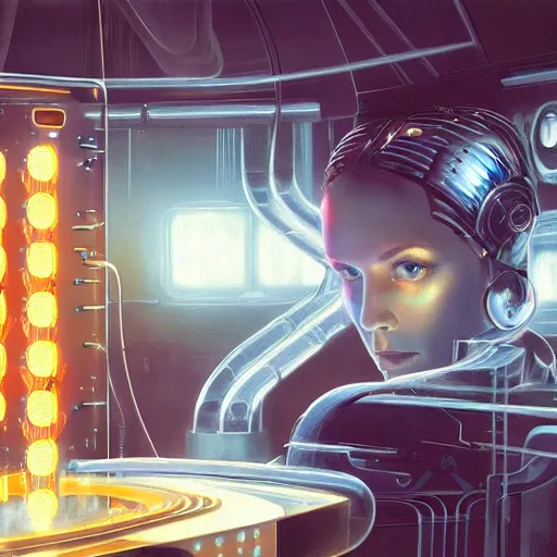 Prompt: detailed face of a synthetic sentient super - intelligent woman being powered on and nixie tube eyes warming up, warm space, cool skydome, fresh atmosphere, syd mead, livia prima, artgerm, greg rutkowski, pj crook, nick alm, casey baugh