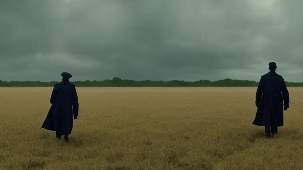 Prompt: a man in a trench coat walks to a shack in a field, film still from the movie directed by Denis Villeneuve, wide lens