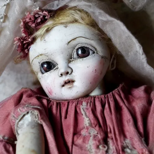 Prompt: A sweet, sad, beautifully shabby antique composition baby doll. She has unusually expressive tin litho sleep eyes, that look as if they’ve seen a world of melancholy.