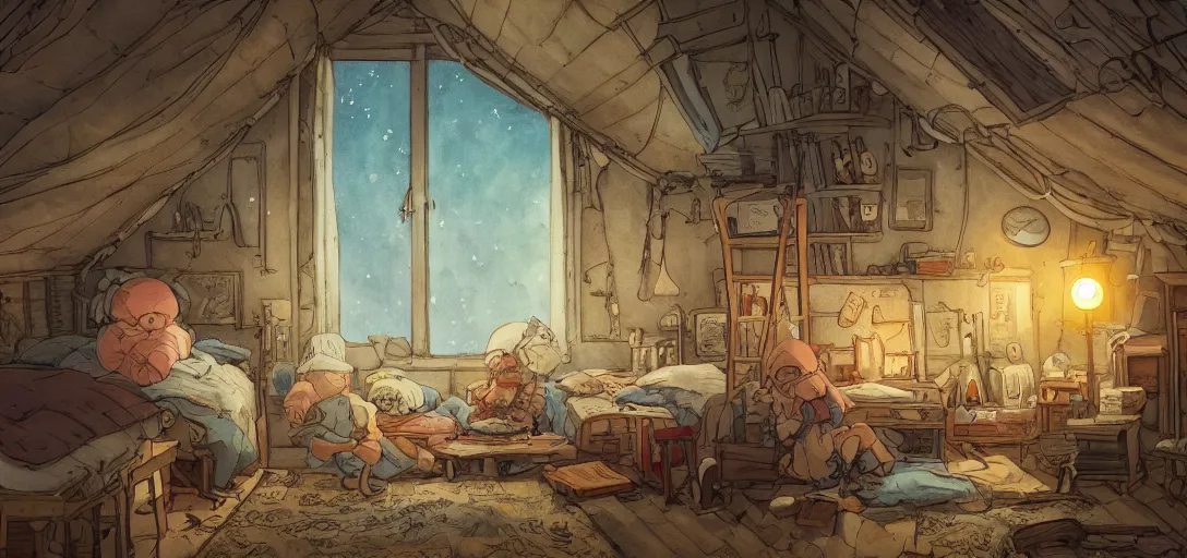 Prompt: cozy attic packed with antiques and furniture, a bedsheet used as a tent a Kid reading a comic underneath with a flashlight, intricate Details, illustration , in the style of Studio ghibli, tekkon kinkreet, akira, breath of the wild, myazaki, anime, clean render, denoise, rule of thirds