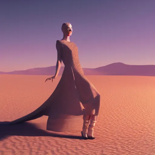 Prompt: avant-garde art, deco fashion, highly detailed, photorealistic portrait, serene desert setting, golden hour, crisp quality and light reflections, unreal engine 5 quality render