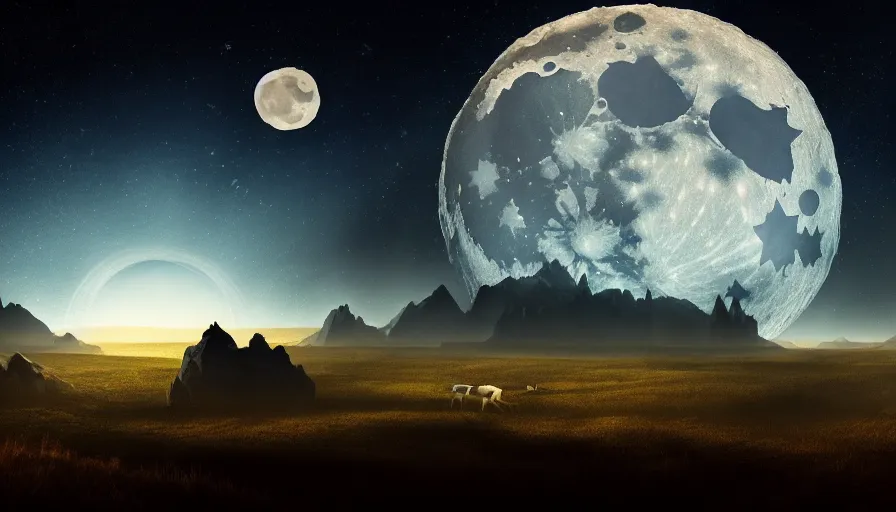 Image similar to a beautiful landscape at night, big moon on the right, stars in the sky, matte painting, dark blue tones, high contrast, intricate details, concept art, 4 k