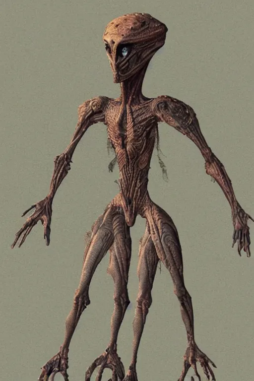 Image similar to humanoid alien creature, thin, it has armor-like shell on it's arms and feet