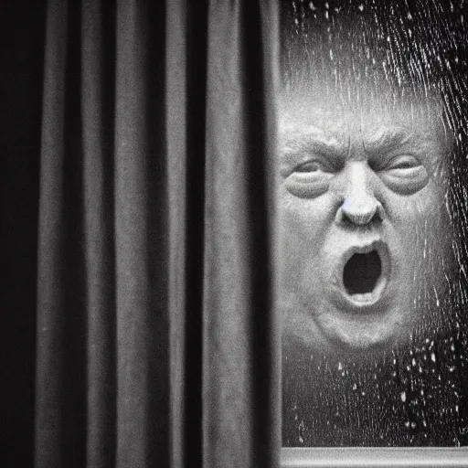 Prompt: photo of the inside of a dark old rainy bedroom window at night with the curtains pulled back, dimly lit creepy | screaming face of donald trump staring in and pressing his bloody face and hands against the window, horror, scary face, demonic face,