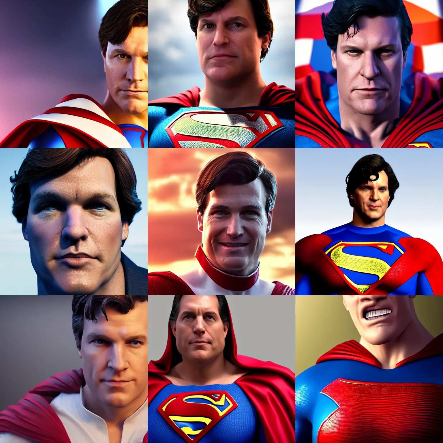 Prompt: Photo portrait of Tucker Carlson as superman, photo realistic, concept art, cgsociety, octane render, trending on artstation, artstationHD, artstationHQ, unreal engine, 4k, 8k