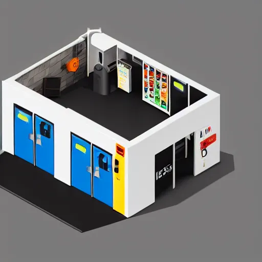 Prompt: isometric view of break room underground with a vending machine, clean, minimalist, light and shadows, octane render