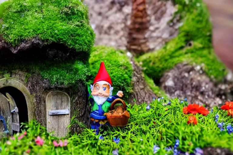 Image similar to anime gnome on doorstep of mushroom house, under lush green plants and flowers, hyper realism, macro shot, blue sky, sunny