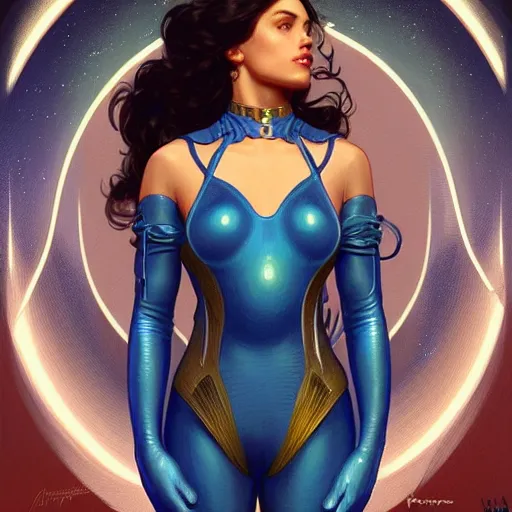 Image similar to Portrait of very very very very very very beautiful Latina woman, spacesuit, blue eyes, intricate, elegant, highly detailed, digital painting, artstation, concept art, smooth, sharp focus, illustration, art by artgerm and greg rutkowski and alphonse mucha