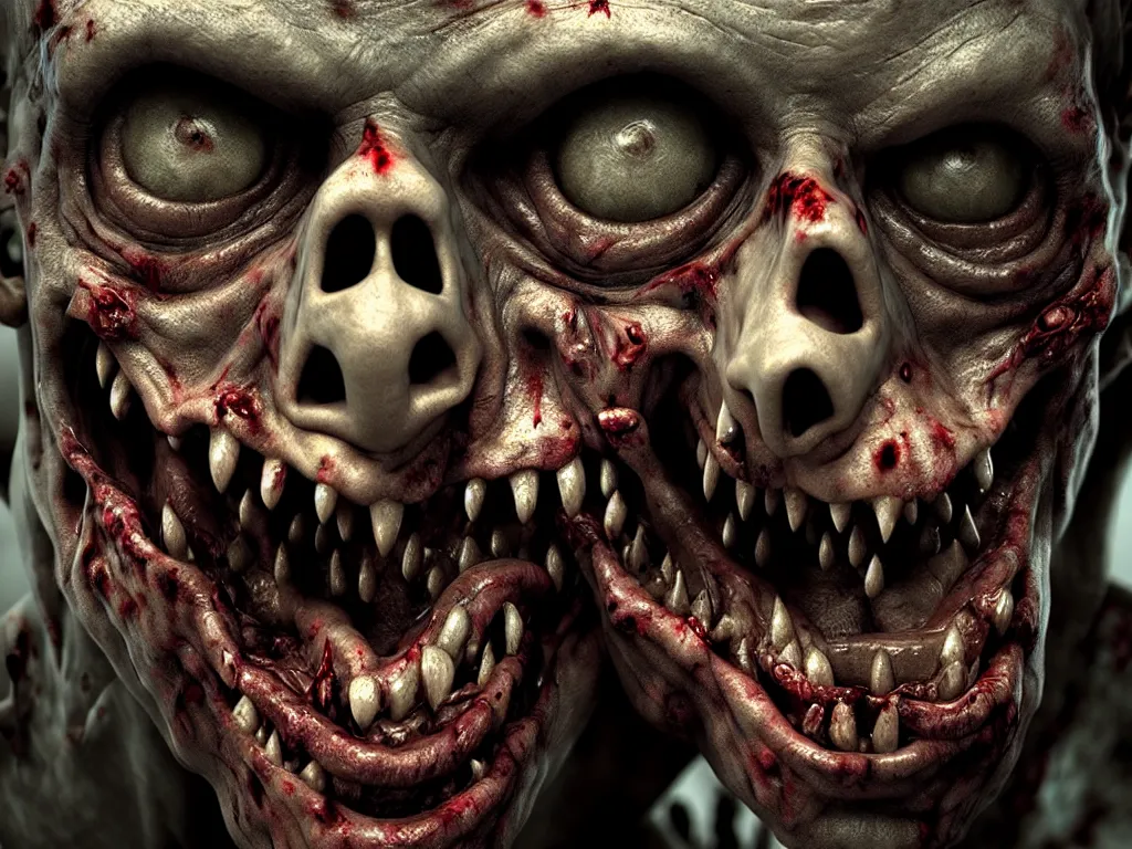 Image similar to zombie close up, grotesque, ugly, moody, 3 d, 3 d render, realistic, hdr, stan winston studios, dramatic lighting, cinematic lighting, studio quality, perfect image